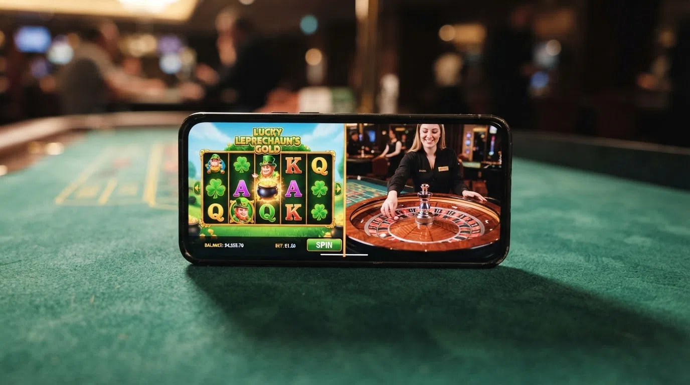A split-screen smartphone view showing a popular UK slot game on one side and a live-dealer roulette table on the other, with a Neosurf deposit confirmation overlay