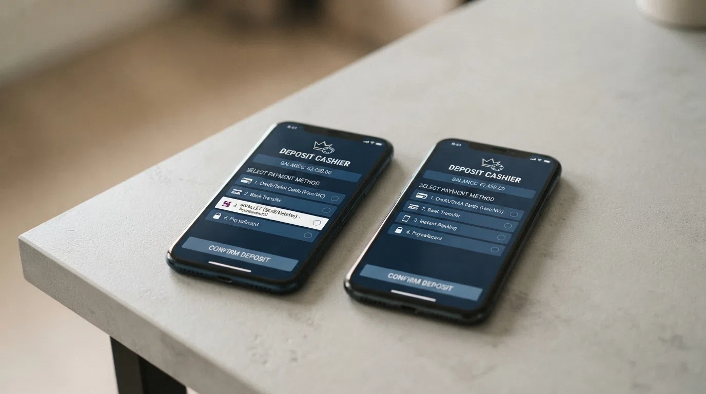 Side-by-side smartphone screens showing a casino cashier with Neteller available and one with Neteller missing