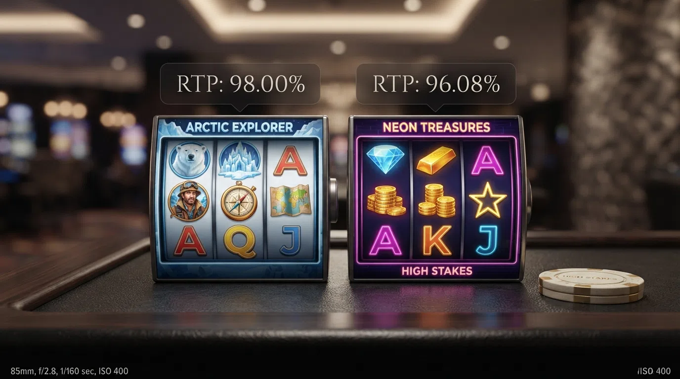 A side-by-side visual of two slot reels with RTP percentage callouts overlaid — Blood Suckers at 98.00% on the left, Starburst at 96.08% on the right