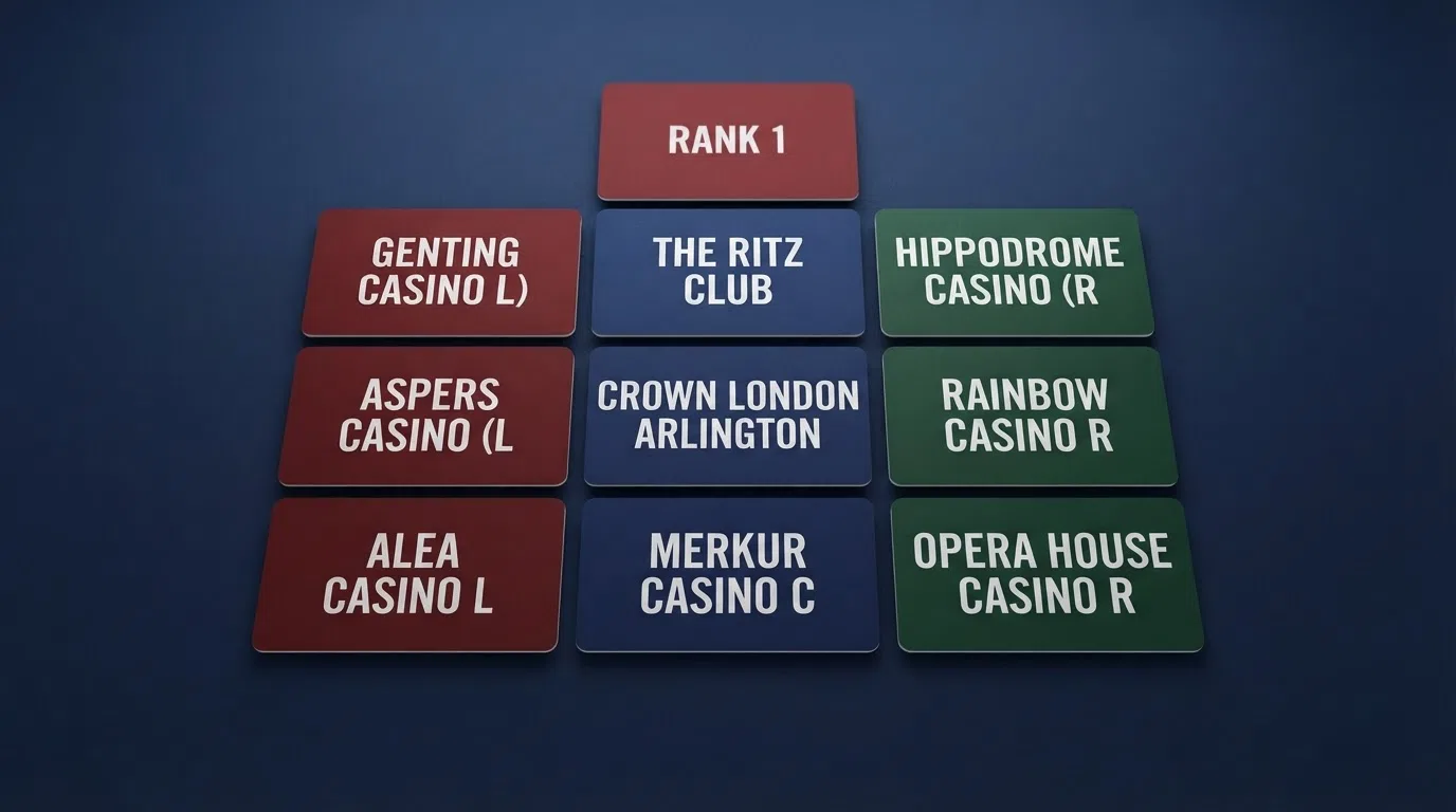 Ten casino name cards arranged in a ranked grid, each with its licence number
