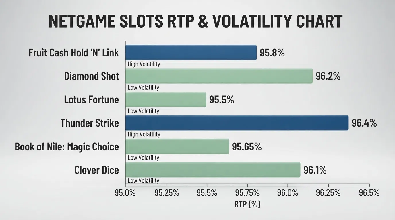 A bar chart of six slot titles with RTP percentages and volatility labels