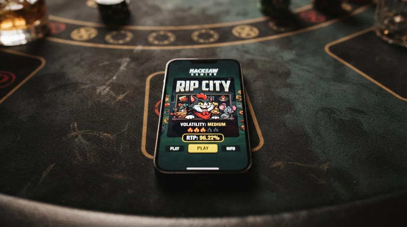 A smartphone screen showing a Hacksaw Gaming slot title card with the RTP percentage visible, set against a dark casino-themed background