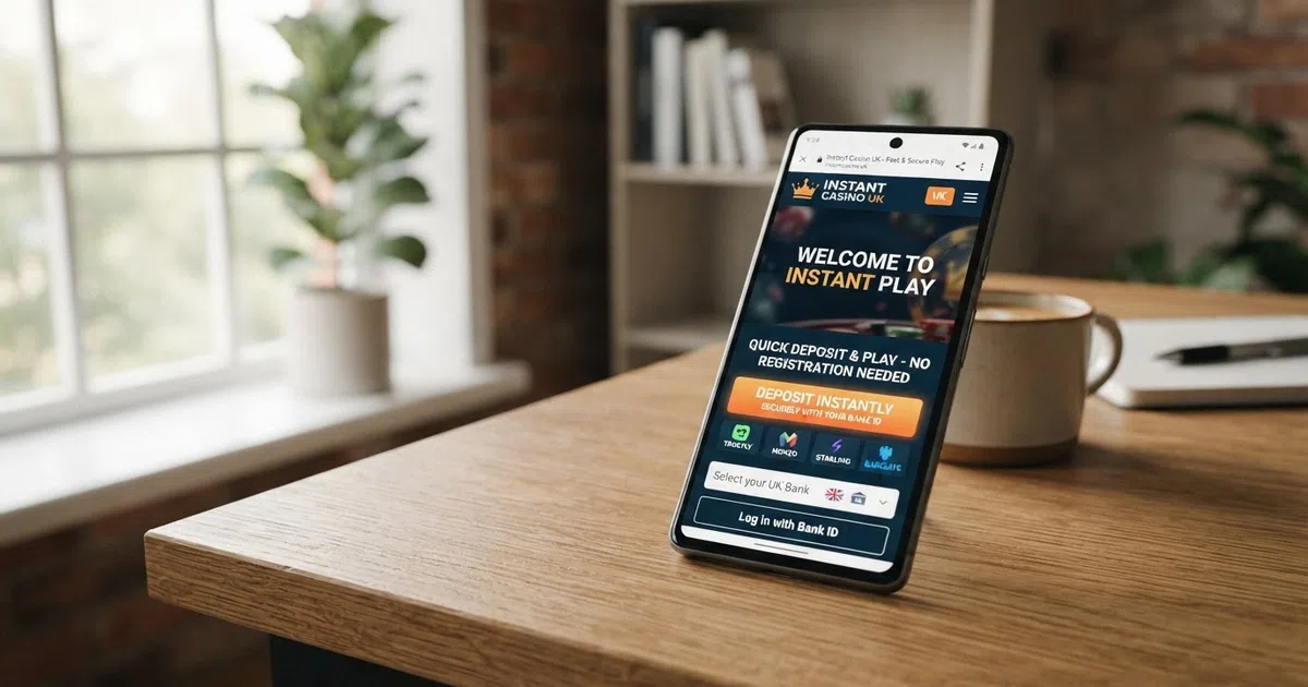 A smartphone screen showing a UK online casino homepage with a prominent "Deposit Instantly" button and bank-login options replacing the traditional registration form fields