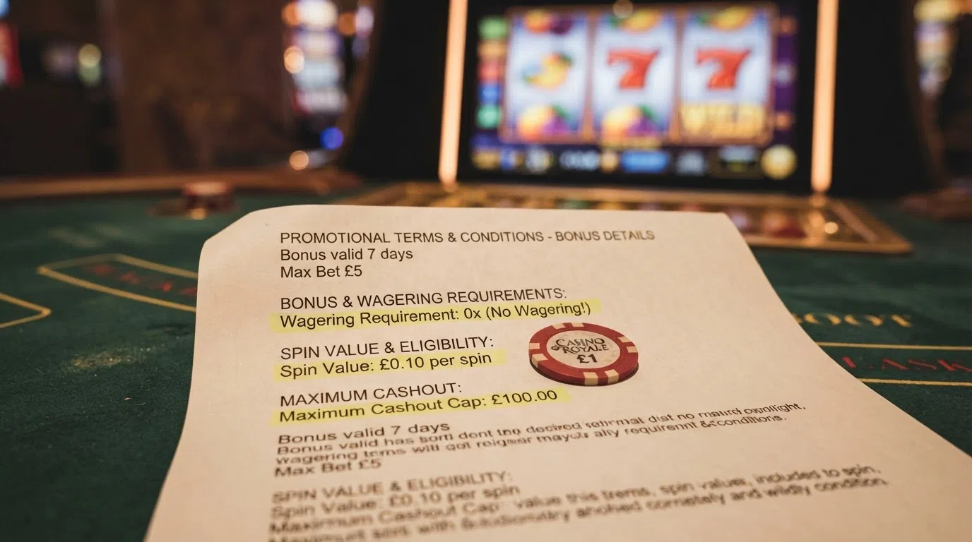 A close-up of casino bonus terms and conditions with three fields highlighted — wagering requirement (0x), spin value (£0.10), and maximum cashout cap — against a blurred slot-game background