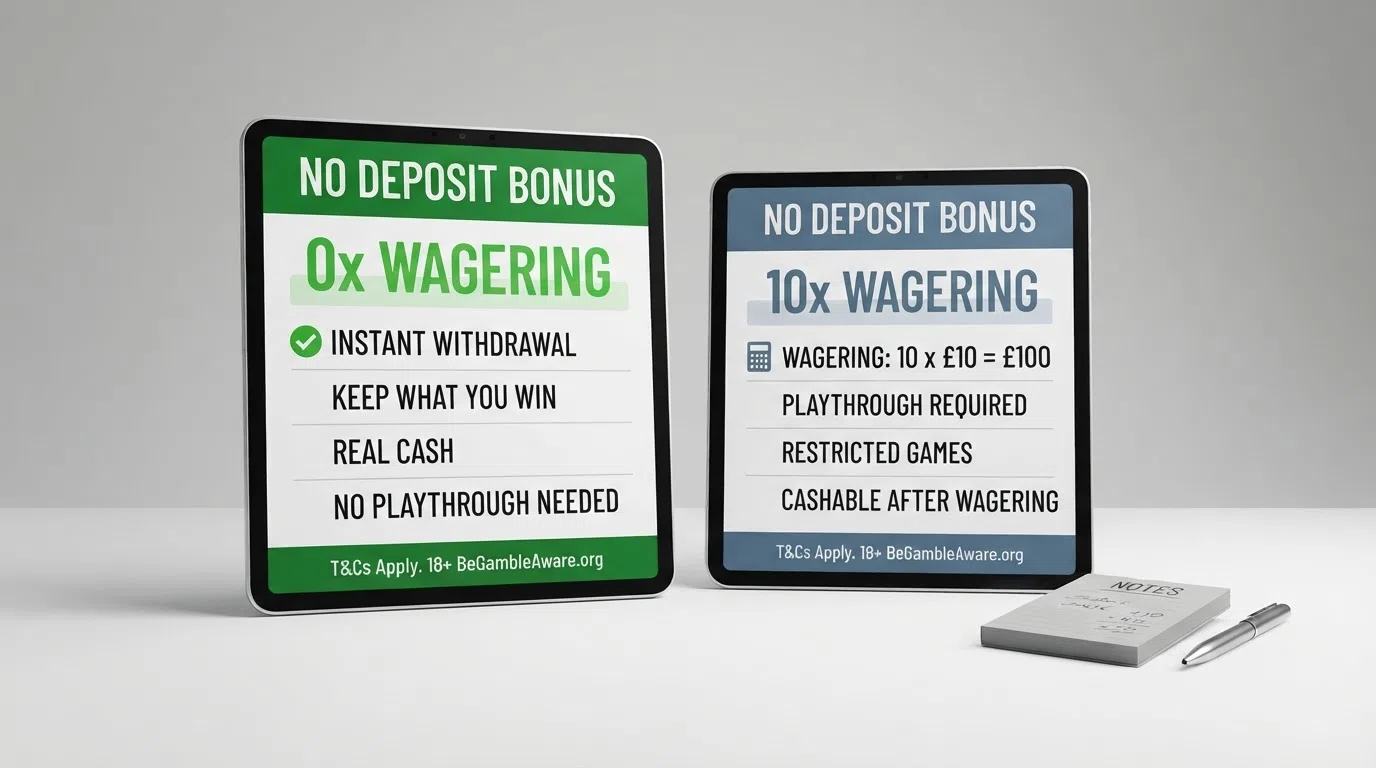 Two columns of casino bonus terms side by side — one showing “0x wagering” highlighted in green and the other showing “10x wagering” with a calculator beside it