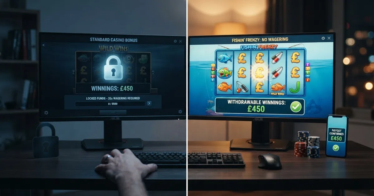 A split-screen comparison showing a standard casino bonus screen with a padlock icon over locked winnings next to a no-wagering casino screen showing winnings marked as withdrawable cash