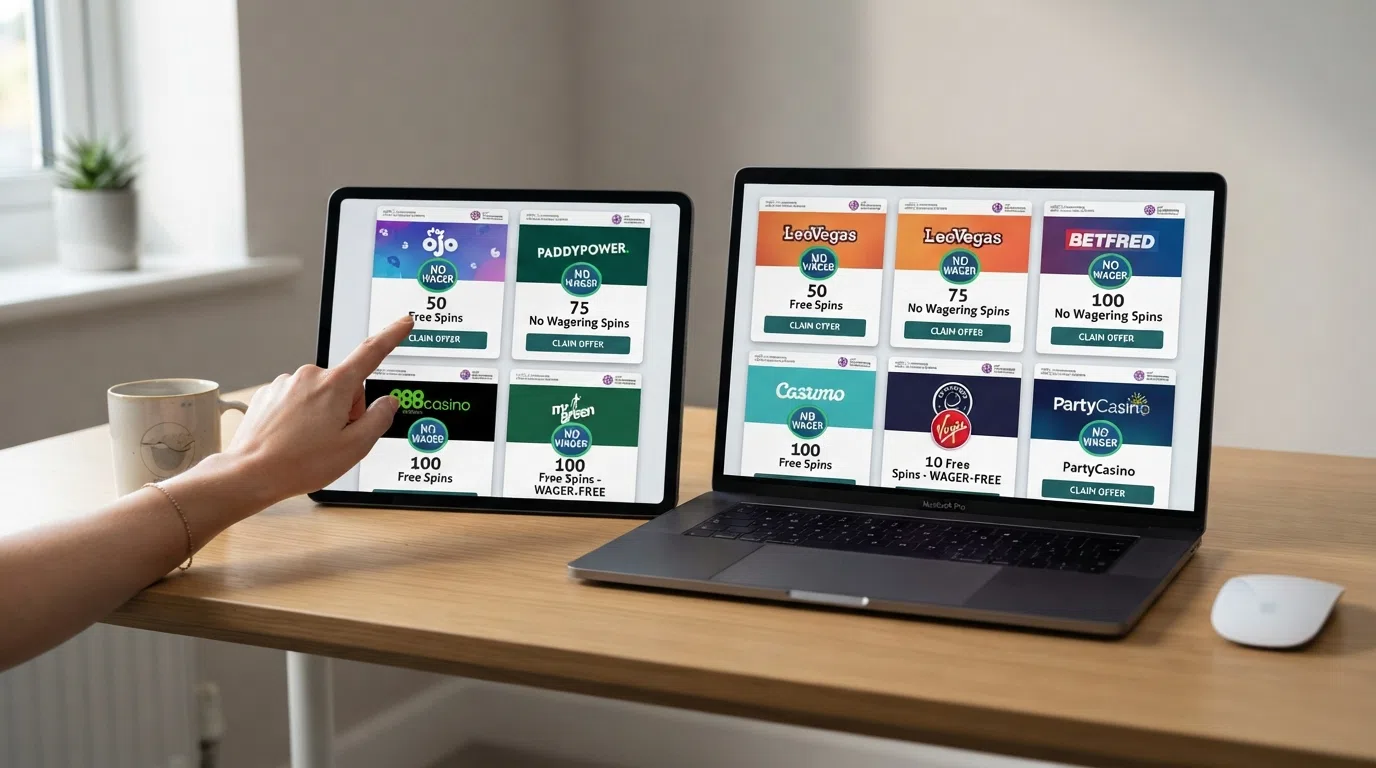 A side-by-side grid layout of UK online casino welcome-offer cards showing free-spin counts and no-wagering badges
