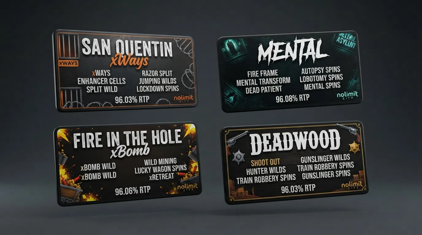 A grid of Nolimit City slot title cards — San Quentin xWays, Mental, Fire in the Hole xBomb and Deadwood — arranged by RTP
