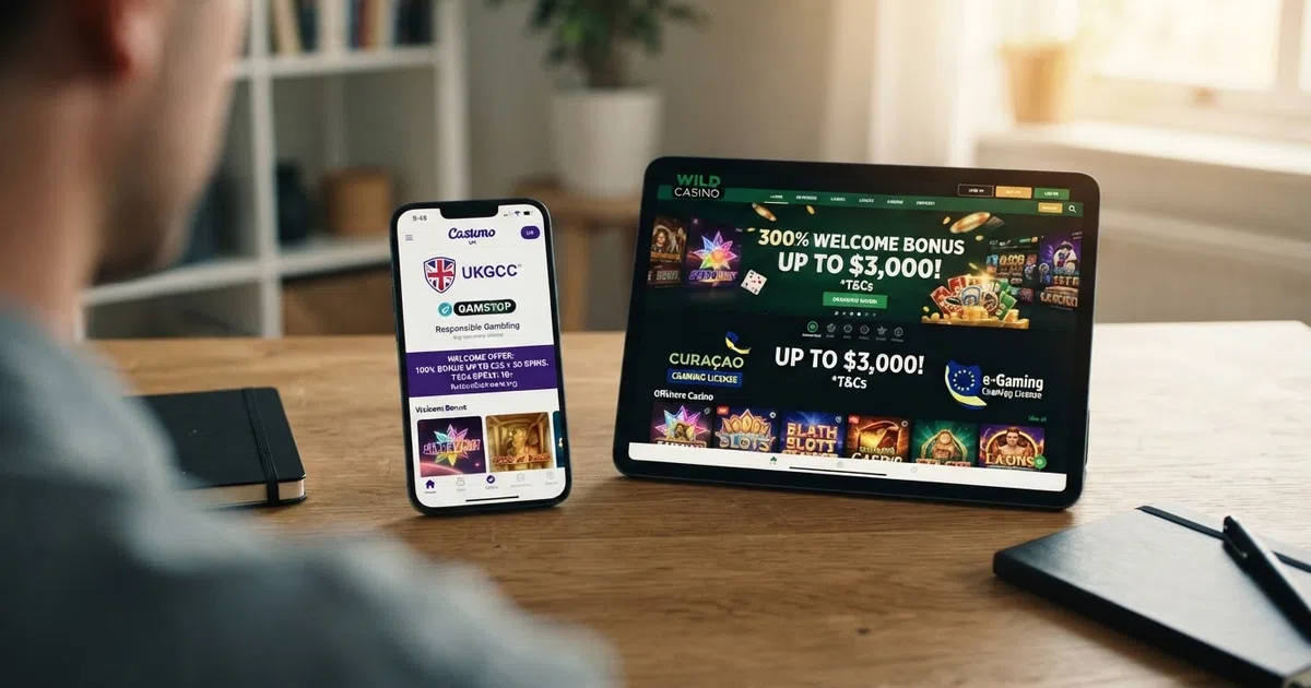 A split-screen comparison: on the left, a clean UKGC-branded interface with a GamStop shield icon and a capped bonus banner; on the right, a bright offshore casino lobby showing a 300% match banner and a Curaçao licence badge