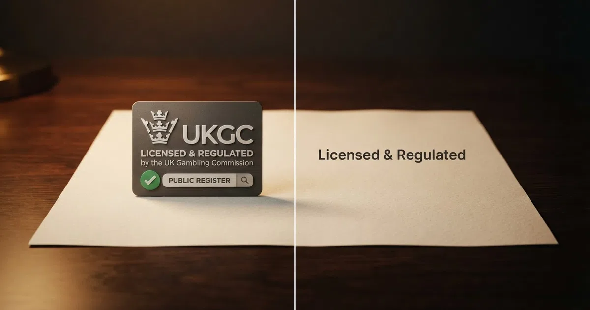 A split-frame visual contrasting a UKGC licence badge on the left with a generic “Licensed & Regulated” casino footer badge on the right, the UKGC side showing a verified checkmark and a public-register search bar, the generic side showing only the word “regulated” with no linked register