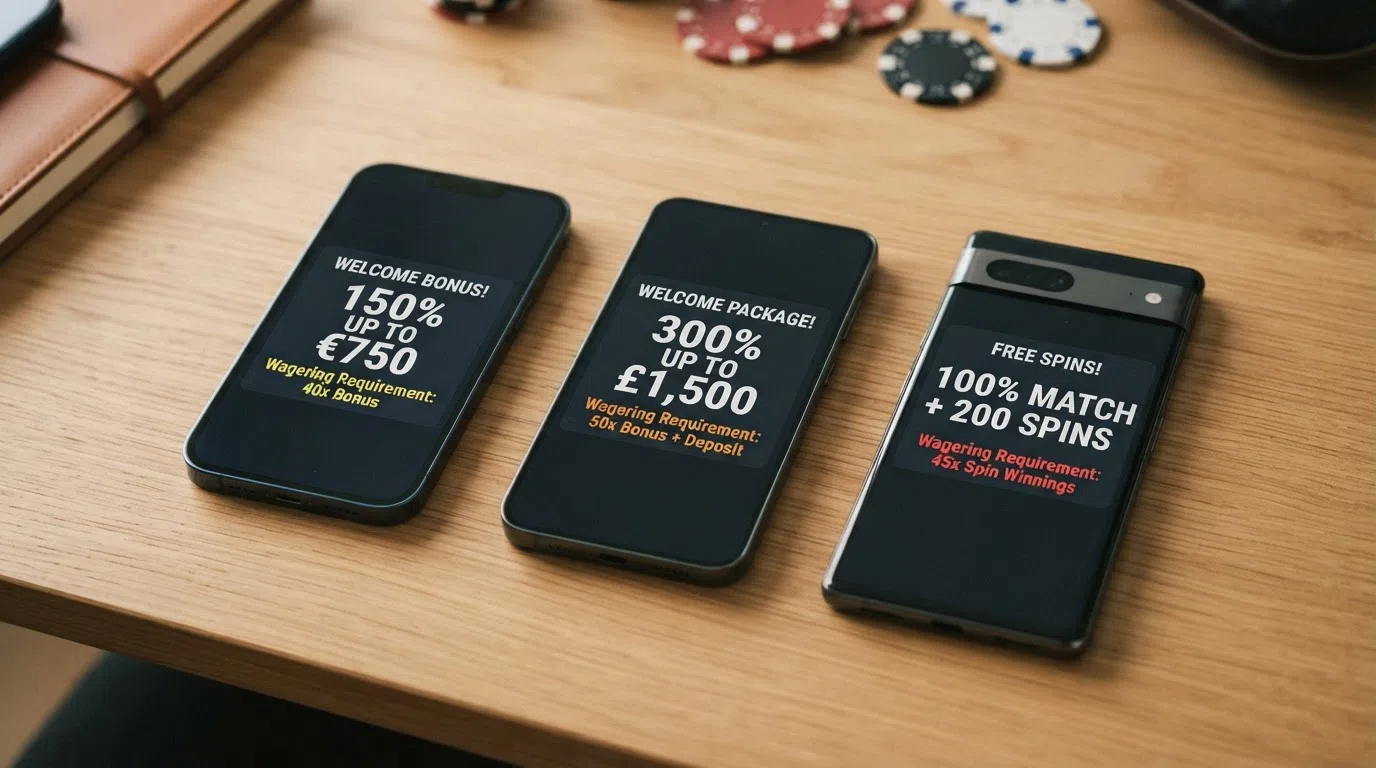 A visual comparison of three welcome-offer panels from non-UKGC casinos, each showing a different bonus headline with the wagering requirement called out beneath it