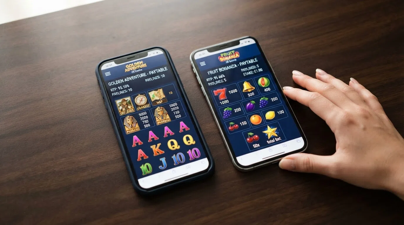 A side-by-side display of two Novomatic slot paytables showing different RTP figures, with a hand holding a smartphone in frame.