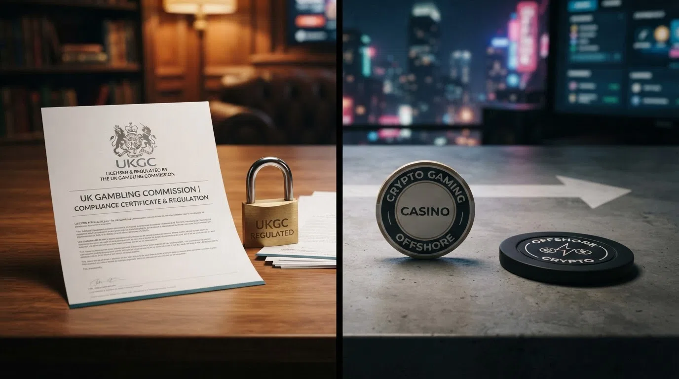 A split composition — on one side a UKGC logo and a padlock on a document, on the other a BCH coin and a casino chip with an arrow pointing offshore