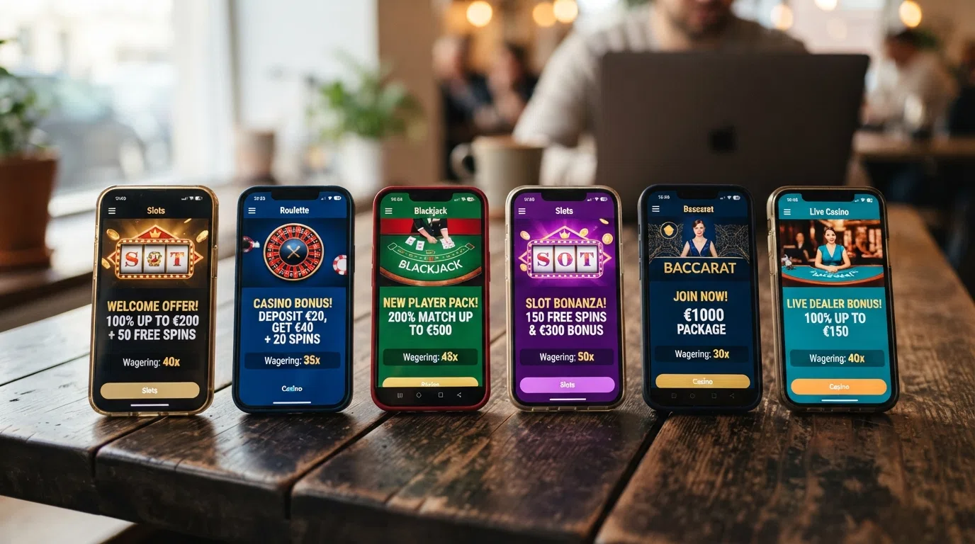 A row of casino-brand interface screenshots arranged side by side, each showing a welcome-bonus banner with the wagering multiple highlighted beneath