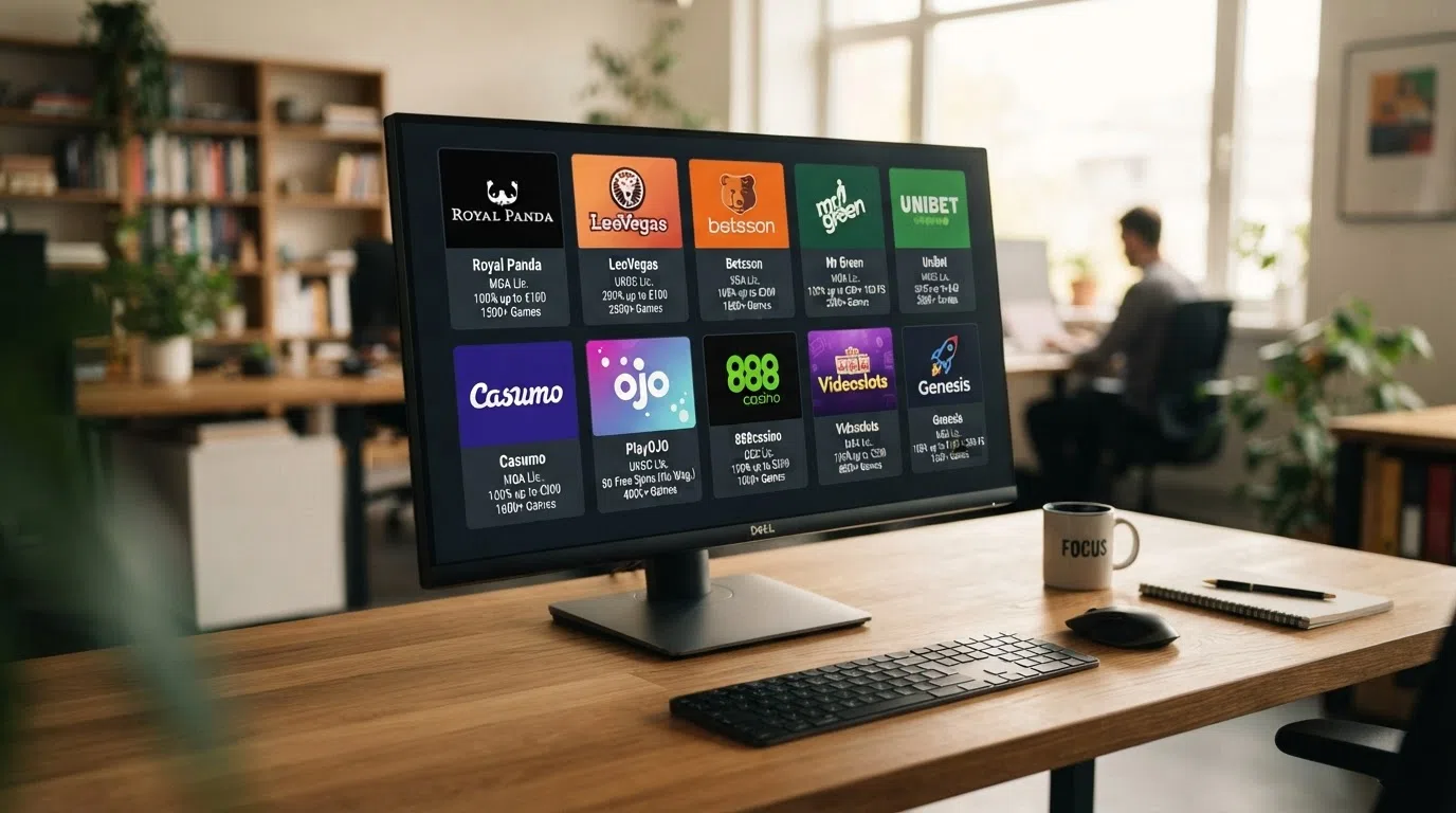 A grid of ten casino brand logos arranged above their key specs — licence flag, welcome-bonus percentage and game-count figure.