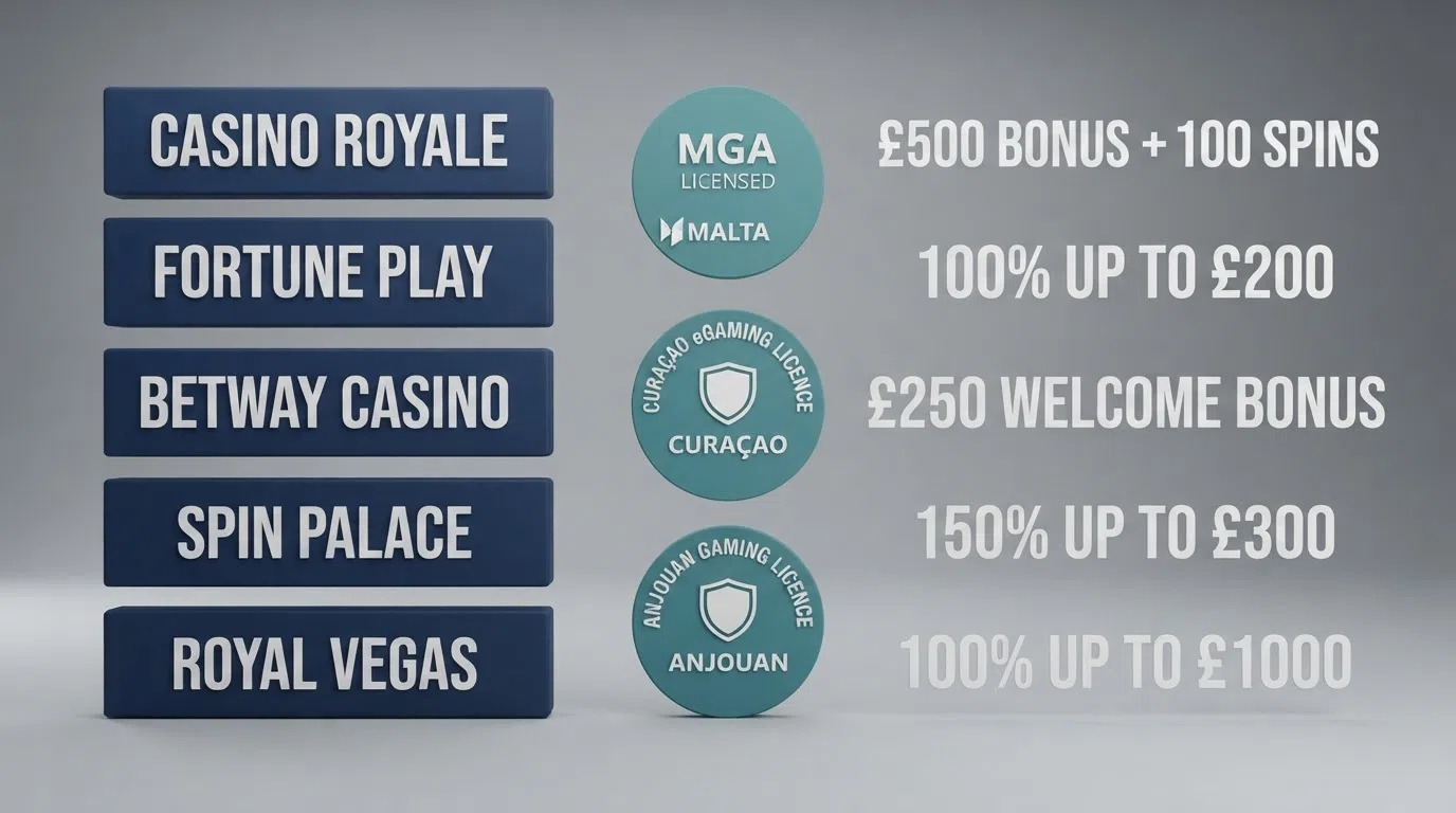 A side-by-side grid comparing casino names, licence badges and bonus figures