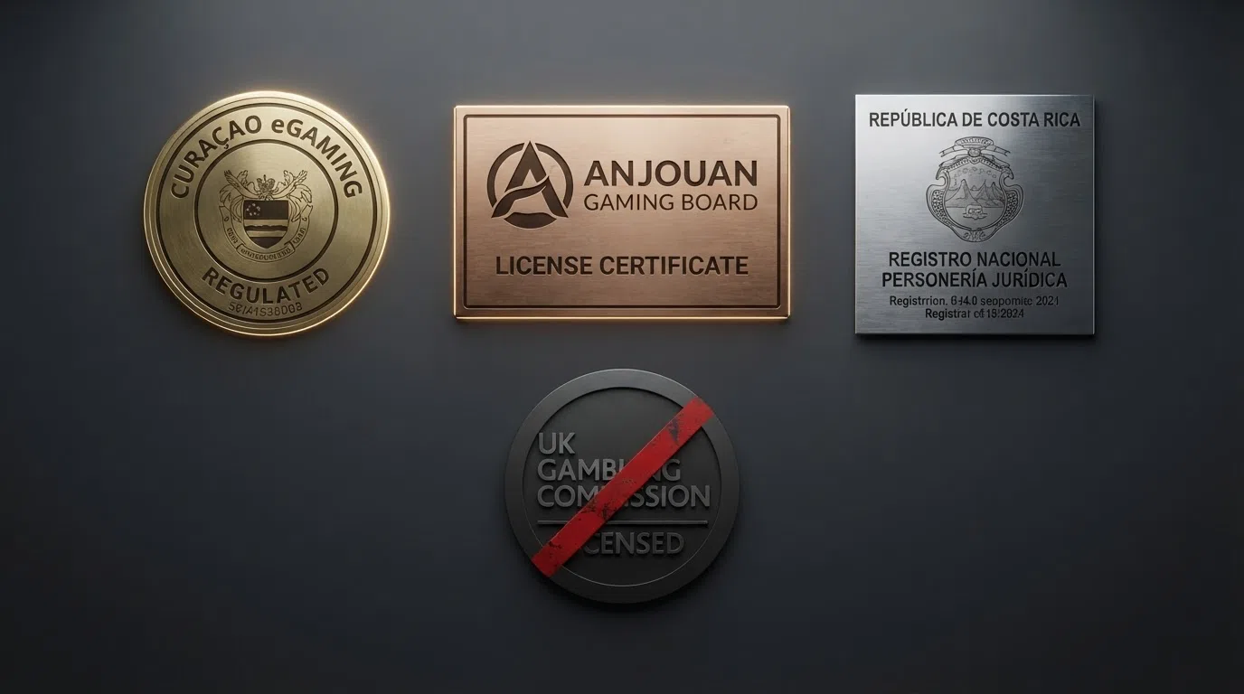 Three regulatory badges side by side — Curaçao eGaming, Anjouan, and a Costa Rica corporate registration certificate — with a UK Gambling Commission badge crossed out below them
