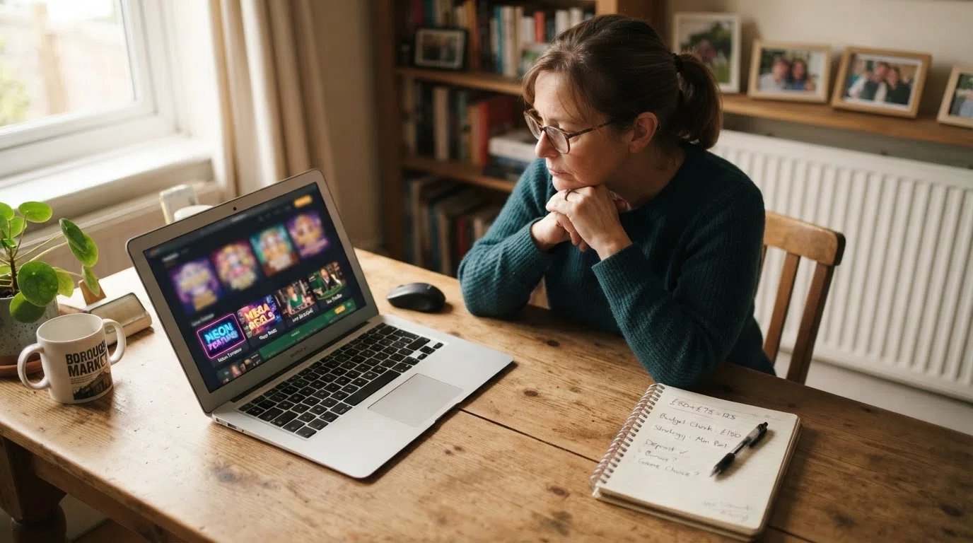 A person sitting at a desk with a laptop open to a casino page, hands resting away from the keyboard, a notebook and pen beside them