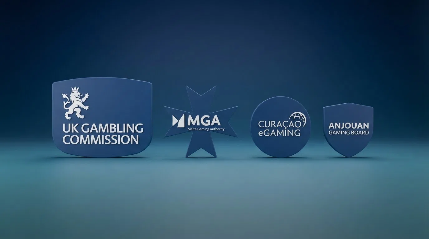 Four official-looking seals side by side: UKGC, MGA, Curaçao eGaming and Anjouan, with the UKGC seal noticeably larger and the others visibly different in design and text.