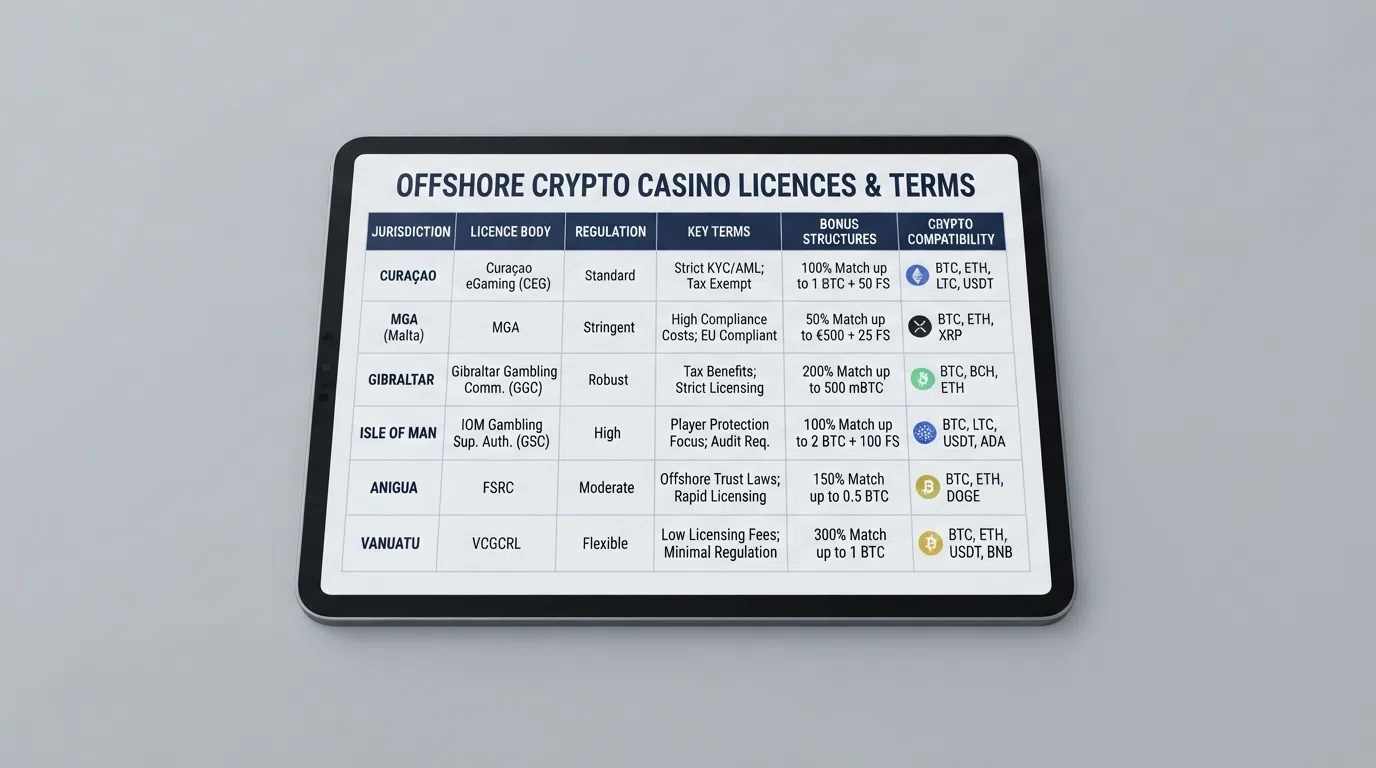 A screen showing a table of casino names with licence and bonus columns