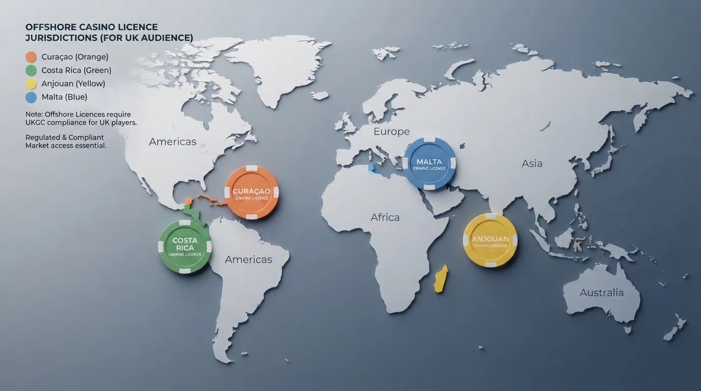 A visual map showing the four main offshore licence jurisdictions — Curaçao, Costa Rica, Anjouan and Malta — with the UK highlighted as the player's location