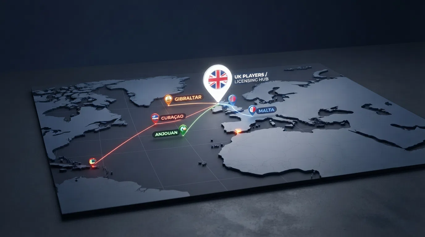 A simplified map showing the offshore licensing jurisdictions — Curaçao, Anjouan, Malta, Gibraltar — with connection markers pointing toward the UK
