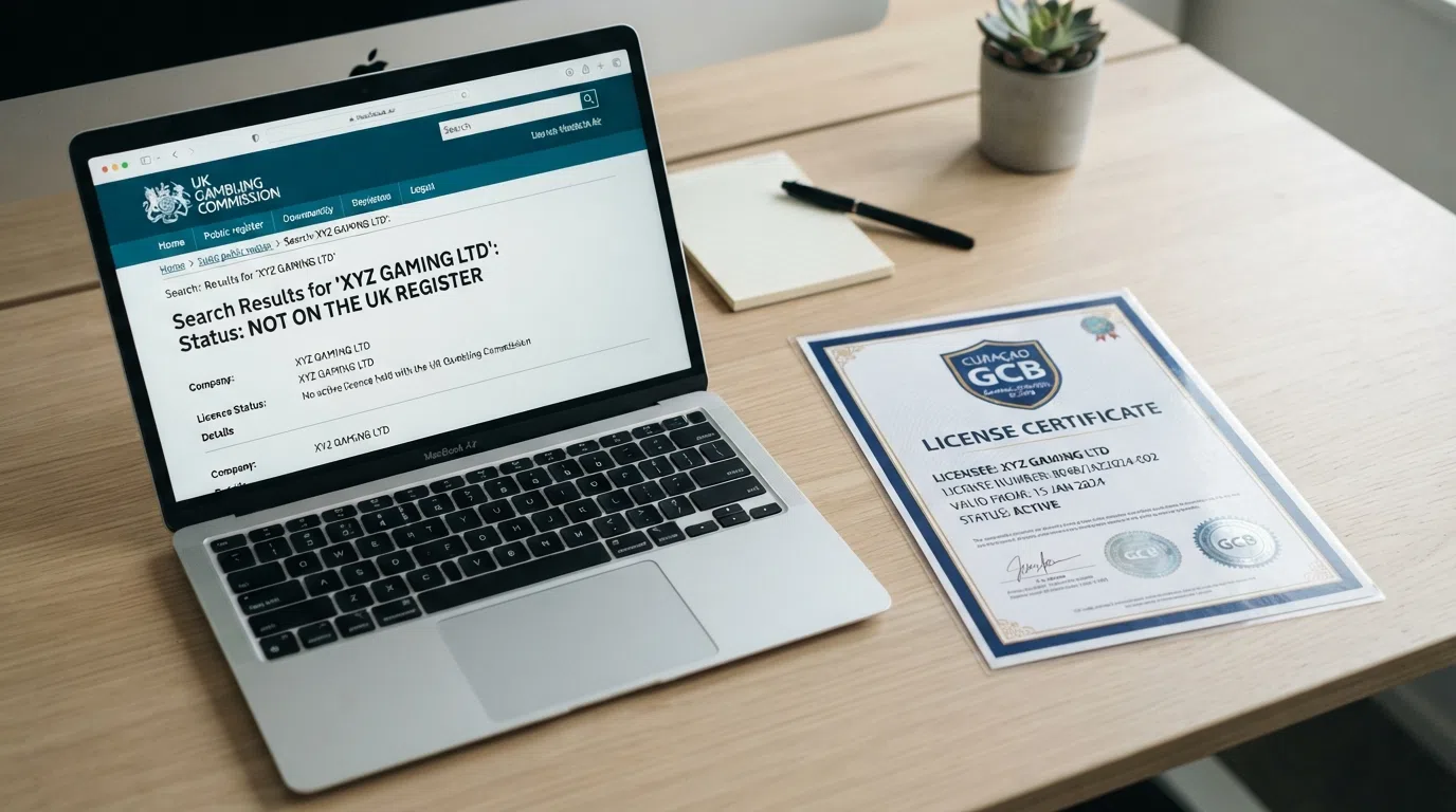 A close-up of a Gambling Commission public register search result displayed beside a Curacao GCB licence certificate, with the words “not on the UK register” highlighted on one side