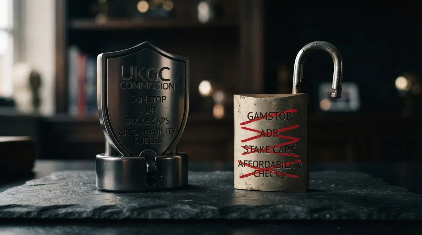 Two columns side by side — a locked shield labelled UKGC Protections on the left listing GAMSTOP, ADR, stake caps and affordability checks, and an open padlock labelled Offshore Casino on the right with the same list items struck through