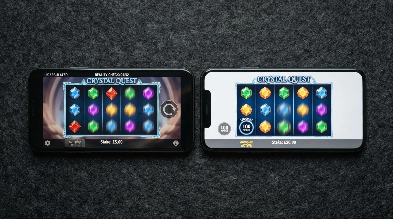A comparison-style image showing a UK-regulated slot screen on the left — auto-play greyed out, stake capped at £5, a reality-check timer visible — and an offshore slot screen on the right with auto-play active, a £20 stake displayed, and no timer in view
