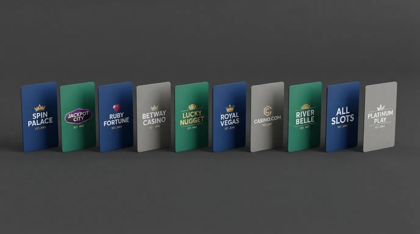 A wide comparison view of ten casino brand cards arranged side by side, each showing its licence jurisdiction, headline bonus percentage and a star rating