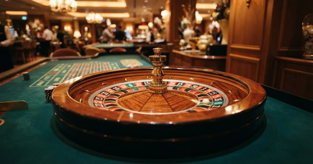European roulette wheel with a single green zero pocket and numbers 1 through 36 in alternating red and black on a green felt table