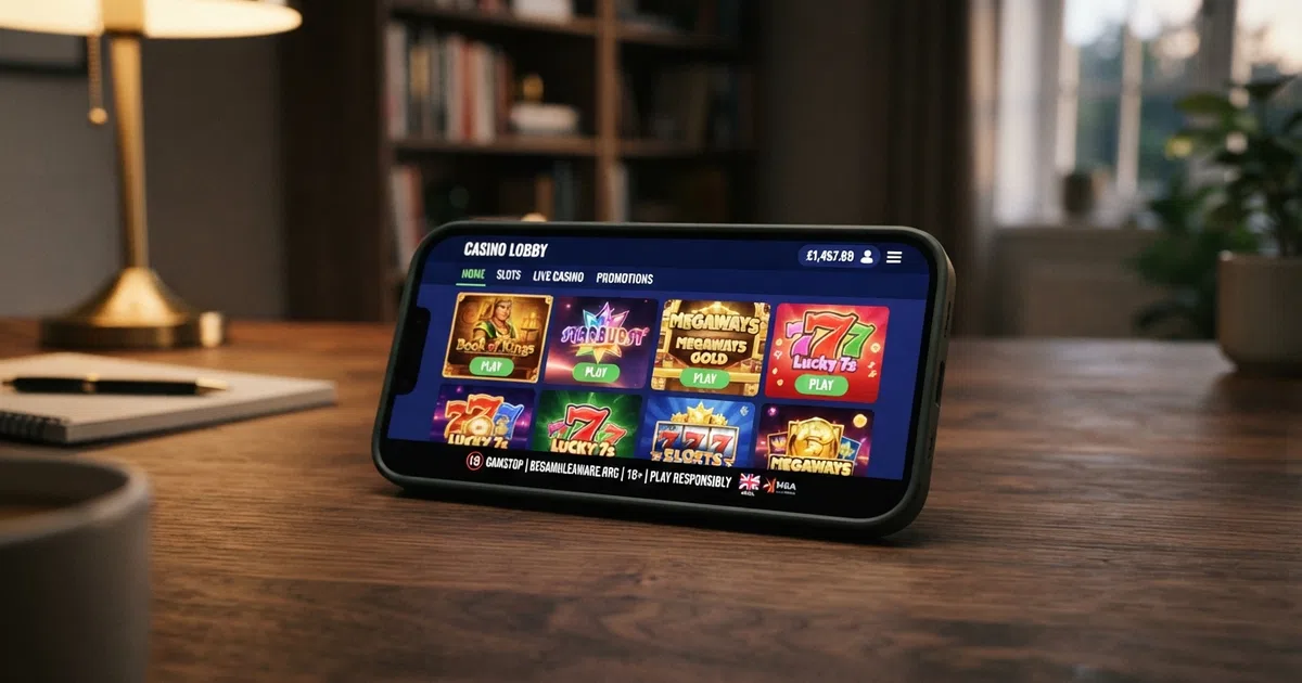 A smartphone screen showing a UK-licensed online casino lobby with slot game thumbnails, a sterling balance display and a responsible-gambling banner in the footer