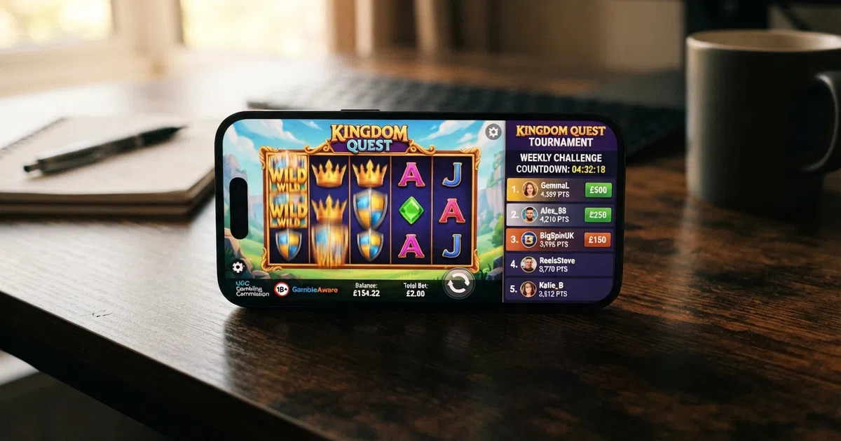 A grid of slot-game reels frozen mid-spin on a smartphone screen, with a tournament leaderboard panel visible on the right side of the display, showing player ranks and countdown timer