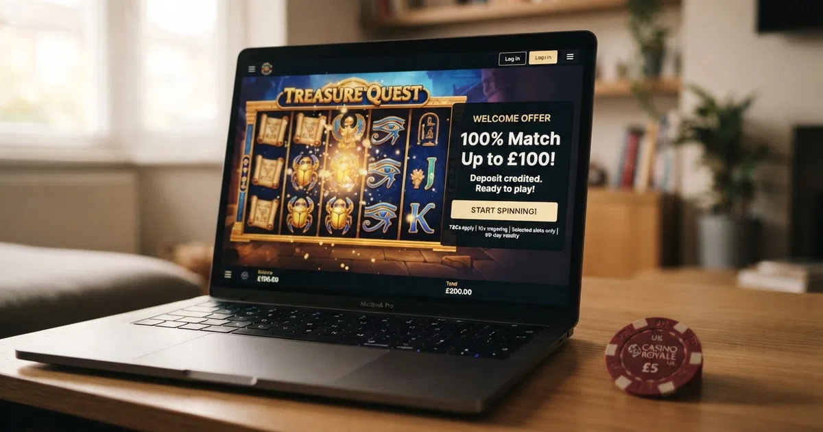 A UK online casino welcome screen displaying a 100% deposit match bonus banner with the offer terms highlighted beside a slot game reels.