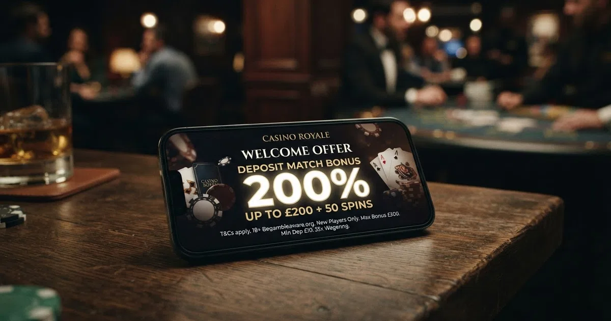 A UK online casino welcome screen displaying a deposit-match bonus offer with the percentage figure prominently highlighted, set against a restrained dark background with the operator's licence information visible in the footer.