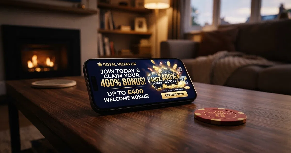 A smartphone screen displaying a casino welcome bonus advertisement with a highlighted deposit-match offer and a prominent percentage badge.
