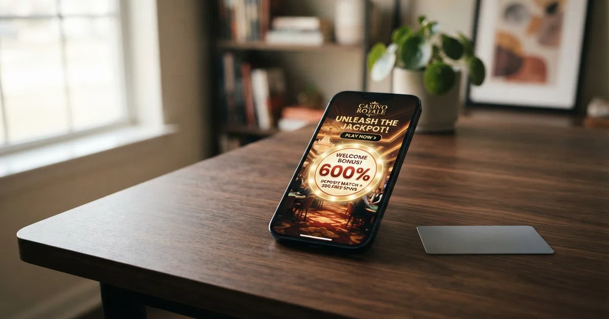 A smartphone displaying a casino welcome-bonus offer screen with a percentage-match badge, beside a UK Gambling Commission logo