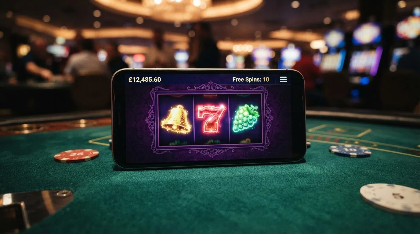 An online slot game screen showing free-spin credits active with the reels spinning and a win counter visible