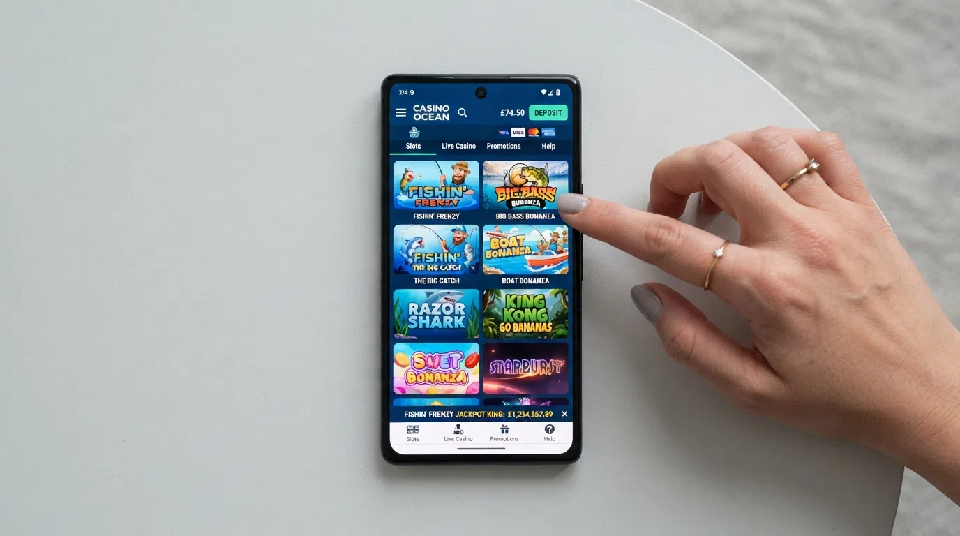 Selection of popular UK online slot game tiles displayed on a smartphone, including Big Bass Bonanza and Fishin' Frenzy, with Google Pay selected as the deposit method