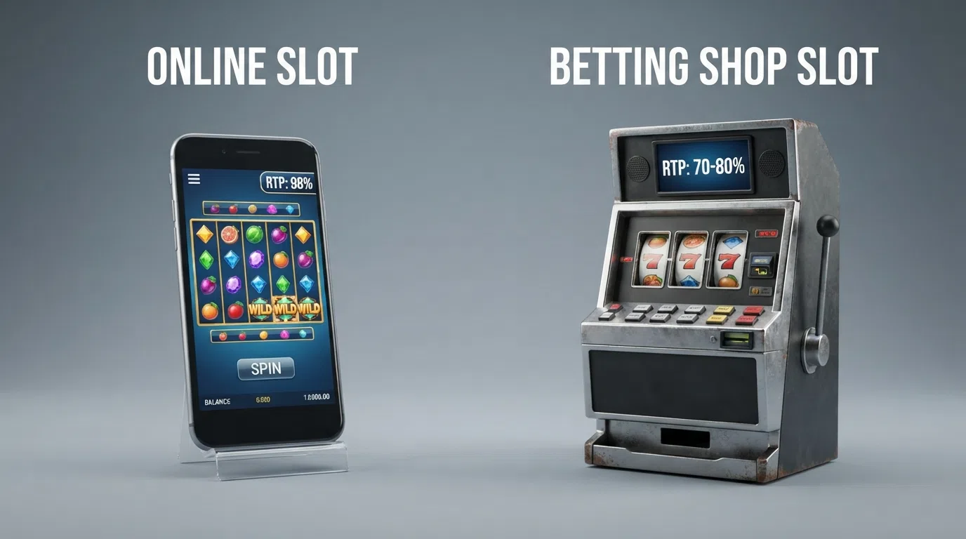 A side-by-side comparison graphic showing an online slot interface beside a physical betting-shop machine, with RTP bands labelled 87–98% and 70–80% respectively