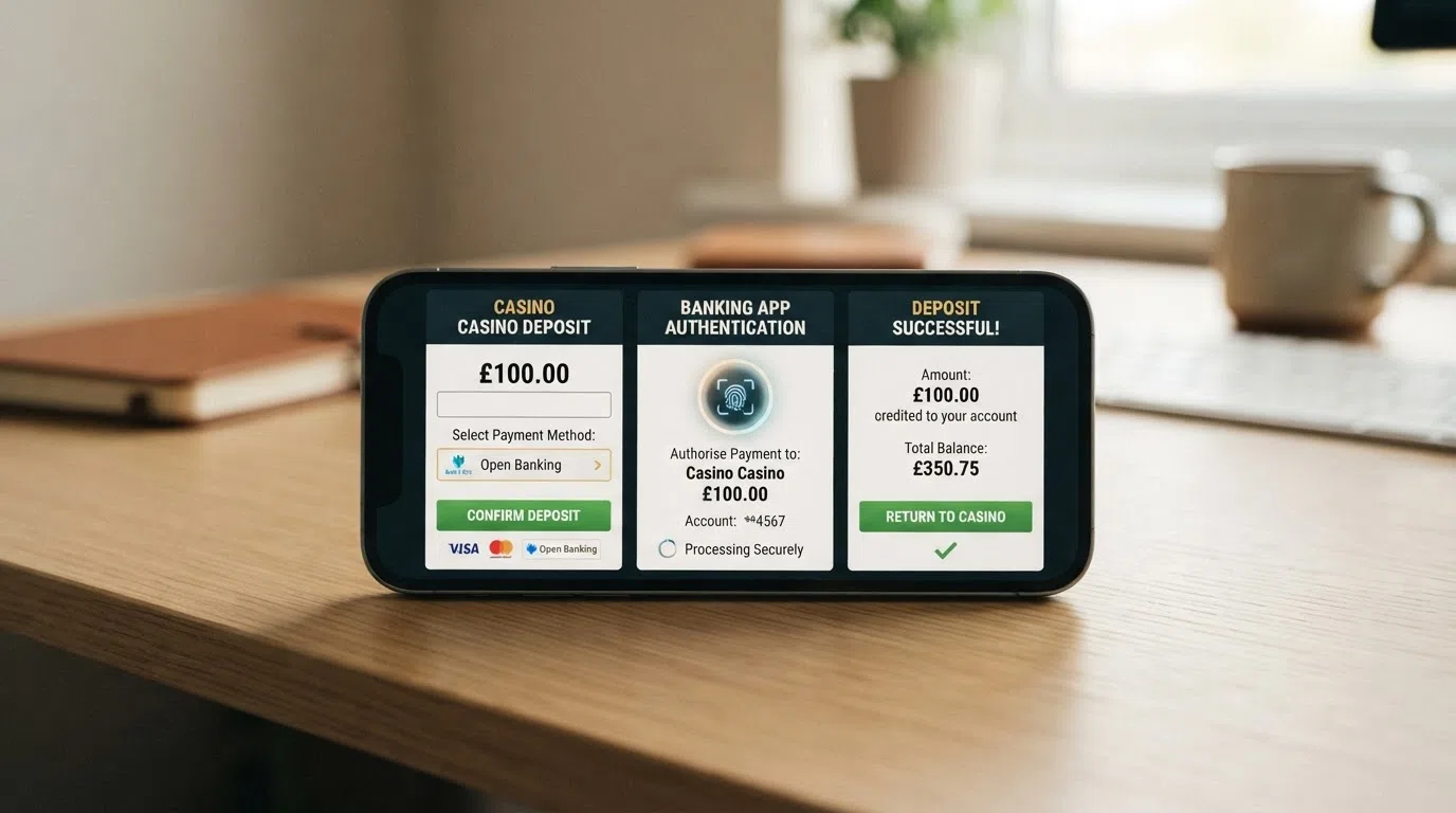 A smartphone screen sequence showing the Open Banking deposit flow in three steps: entering the deposit amount on the casino cashier, authenticating via biometrics in the banking app, and the casino balance confirmation screen.