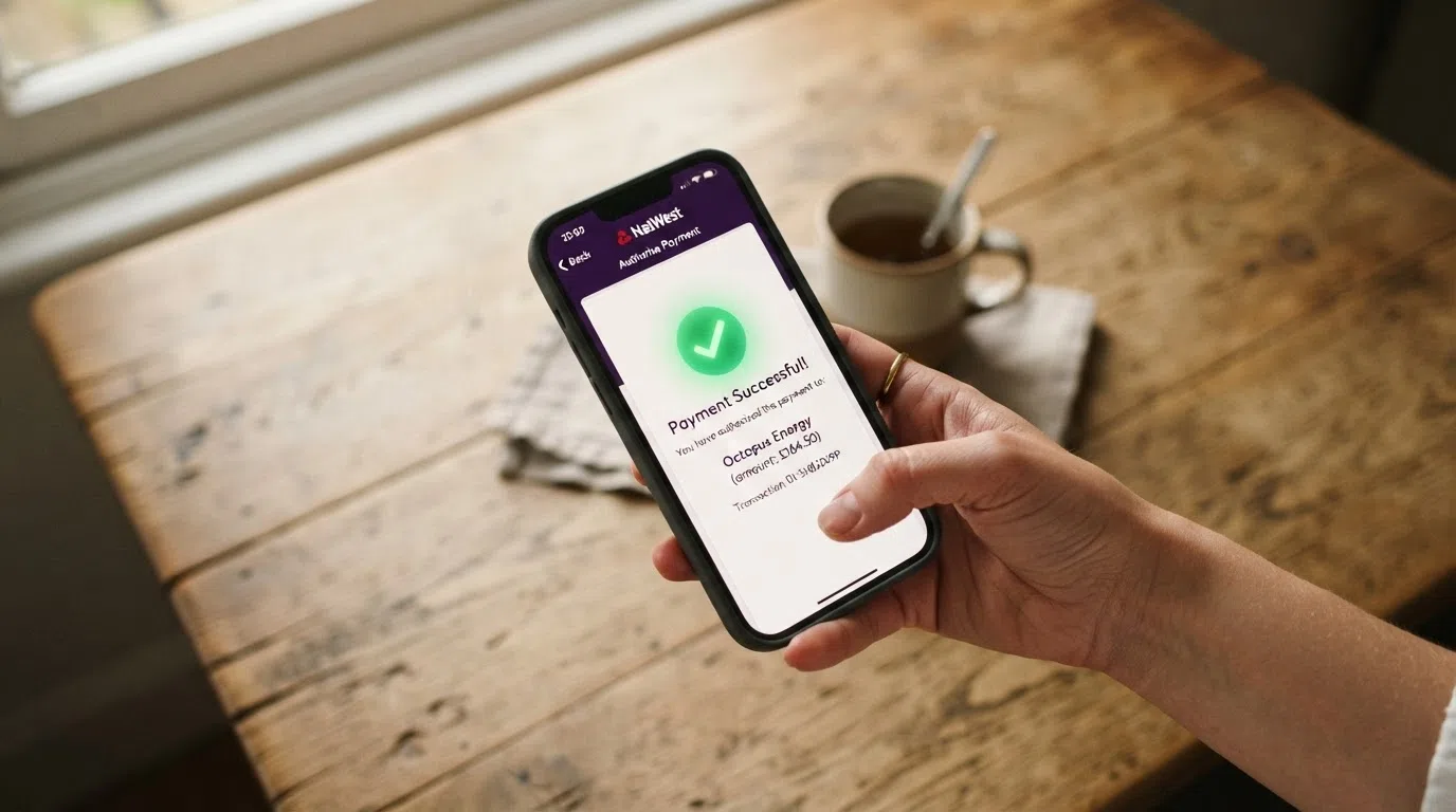 A smartphone screen showing an Open Banking payment authorisation page inside a banking app with a confirmation checkmark
