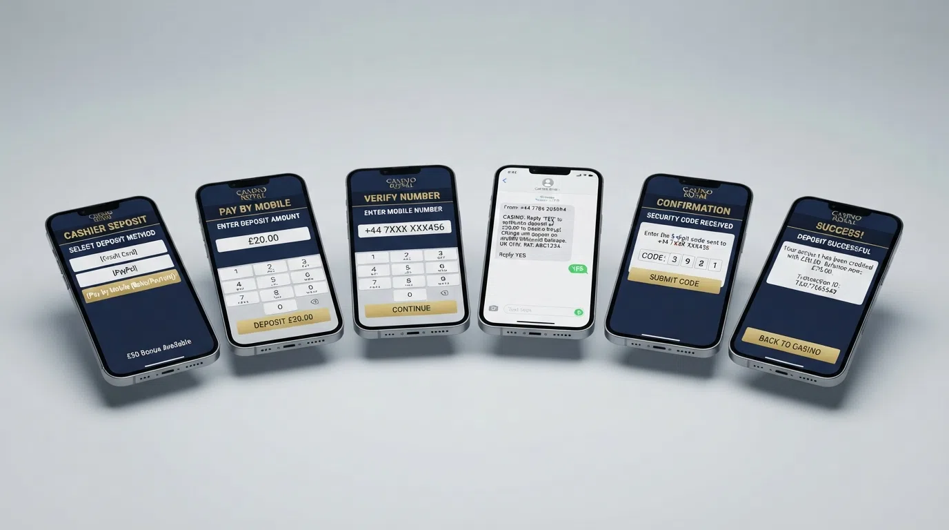 A step-by-step diagram showing the six-stage SMS confirmation journey from casino cashier to phone notification to funded balance, with a smartphone screen at each stage