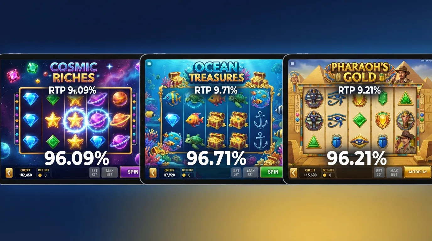 Three slot-game title screens side by side — Starburst, Big Bass Bonanza and Book of Dead — with RTP percentages overlaid beneath each title