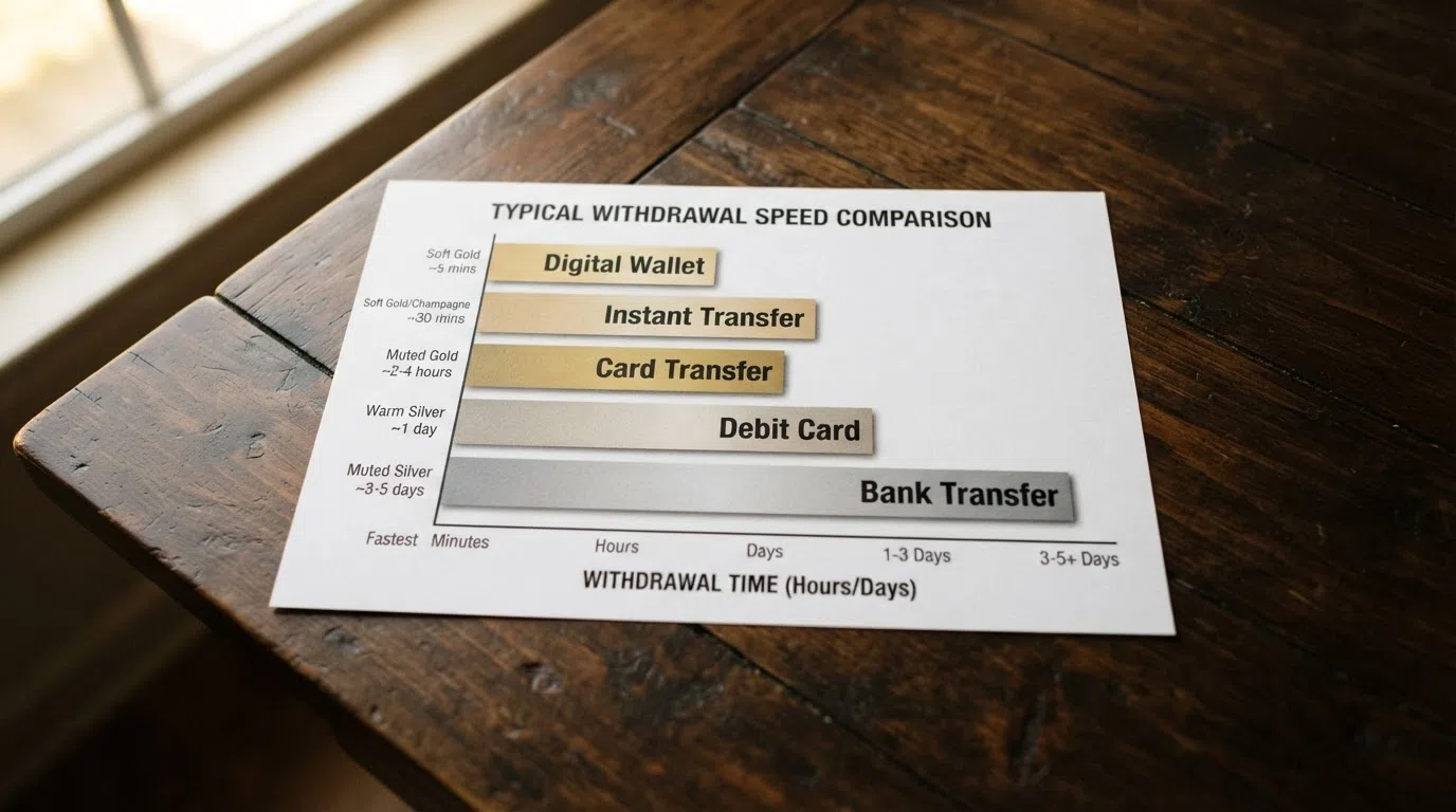 A horizontal bar chart comparing six payment methods by typical withdrawal speed, with Visa Direct and PayPal as the shortest bars and bank transfer as the longest, each bar labelled with its method name.