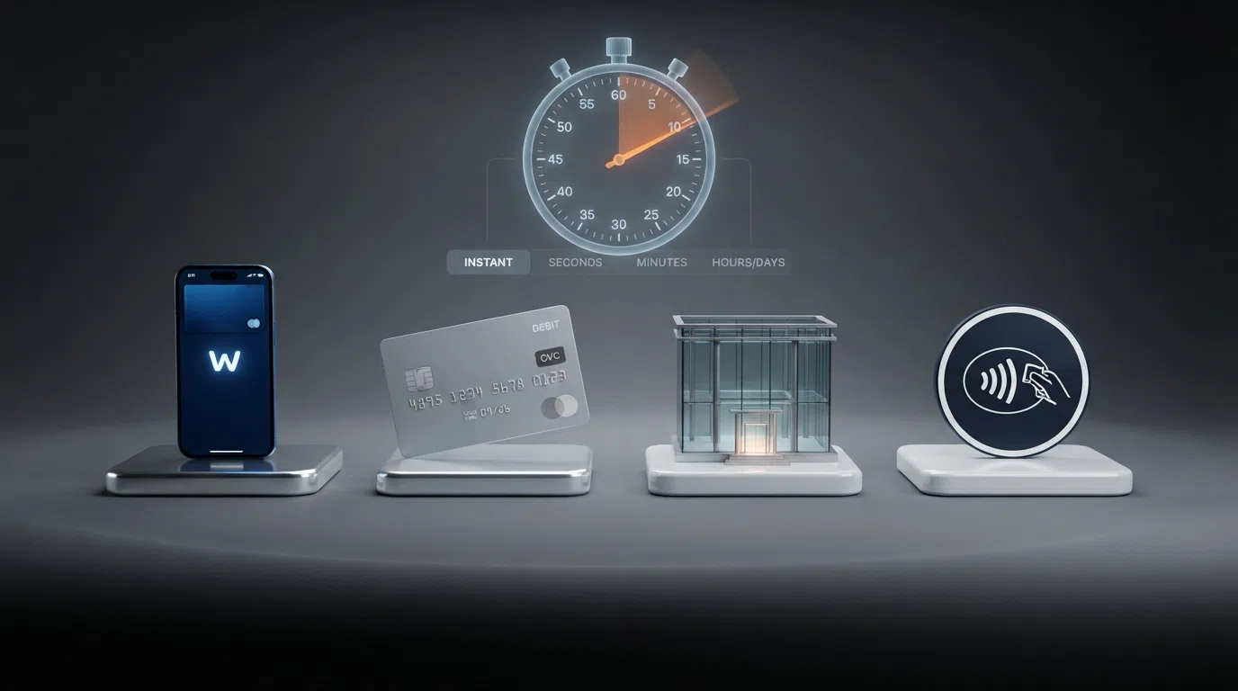 A horizontal comparison of payment icons — PayPal, Visa, a bank building, and Apple Pay — arranged left to right from fastest to slowest, with a stopwatch graphic overlaid.