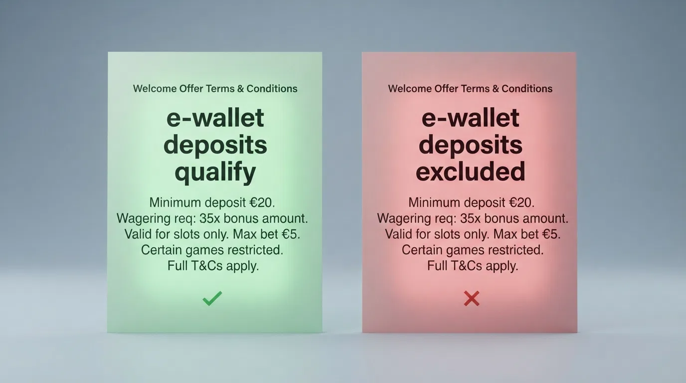 A side-by-side view of two casino welcome-offer terms pages, one showing “PayPal deposits qualify” and the other showing “e-wallet deposits excluded”
