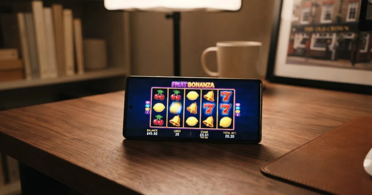 A smartphone screen displaying a colourful online penny slot game with multiple active paylines highlighted, the stake-per-line and total-spin-cost figures visible at the bottom of the screen