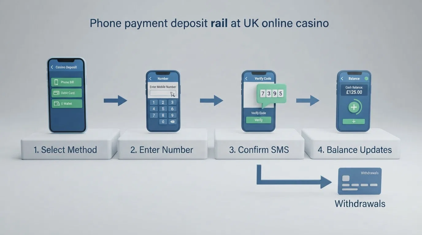 A simplified visual diagram of the four-step phone-bill deposit process — select method, enter number, confirm SMS, balance updates — with a separate arrow marked “withdrawals” pointing to a debit card icon