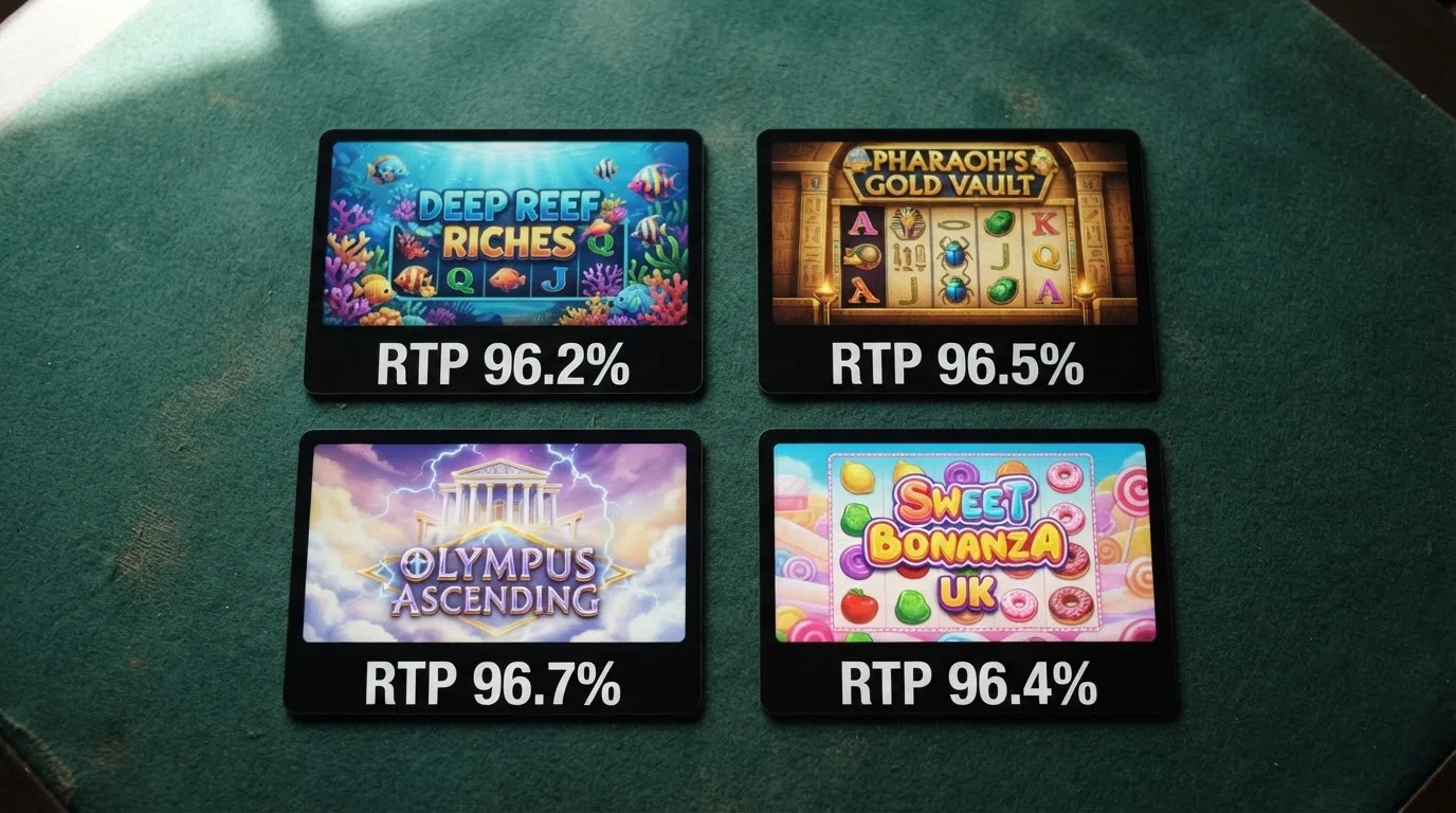 A grid of four slot-game title cards — Big Bass Splash, Book of Dead, Gates of Olympus and Sweet Bonanza — with their RTP percentages displayed beneath each one